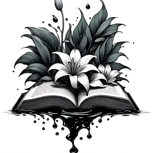 Water Coming Out Of A Book With Lilies Intertwined