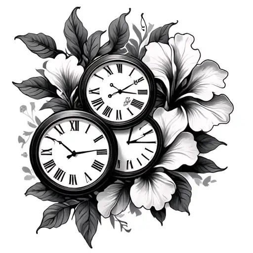 2 Clock Faces With Roman Numerals And Hibiscus Flowers