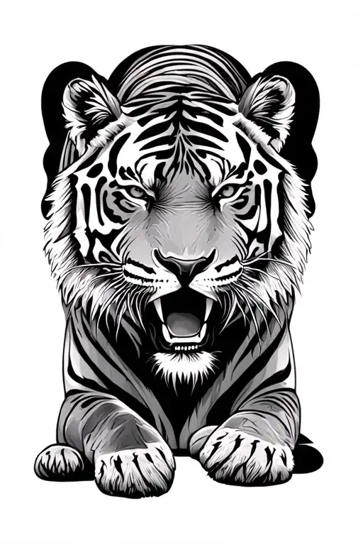 A Fierce Tiger Laying Down With A Larger Male Tiger Behind Her