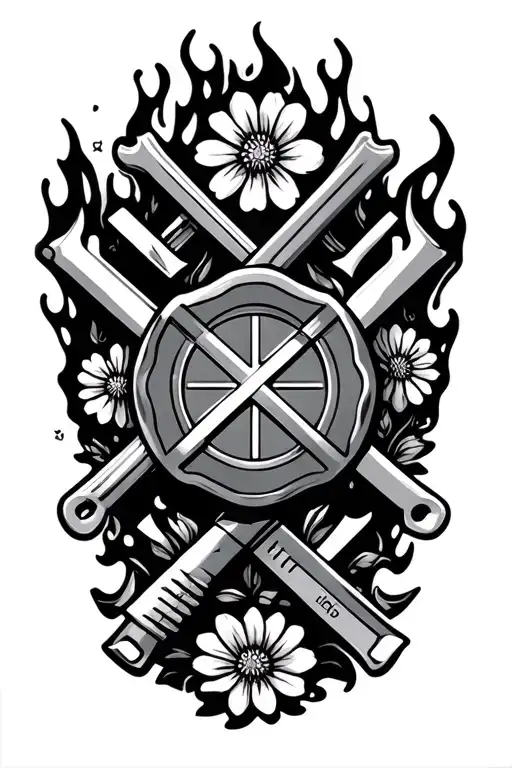 Firefighter Emblem With Tools Intertwined And Flowers And Flames Surround