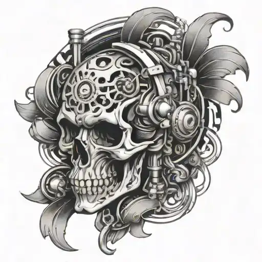 An Intricate Skull Design Incorporating Elements Of A Car Engine And Drum And Bass Music Waves