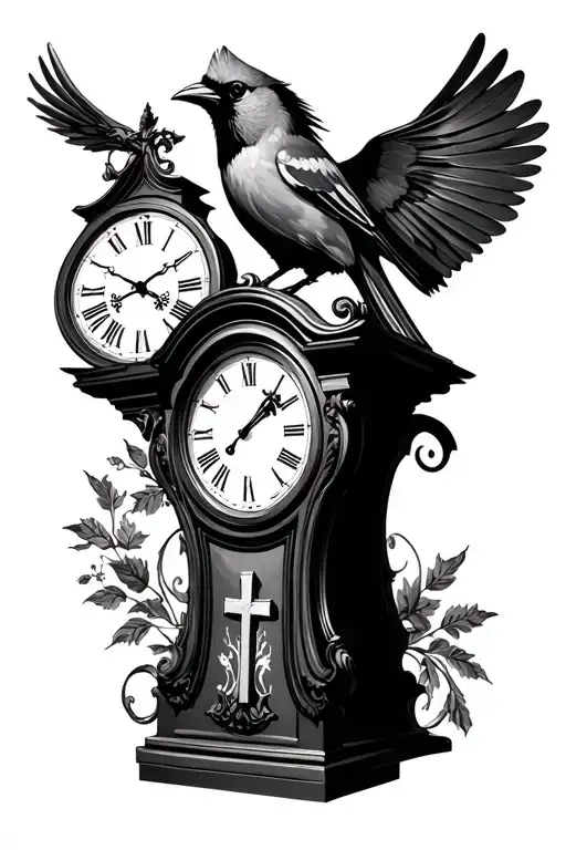 Grandfather Clock With Cardinal And Cross Tattoo Design Combining