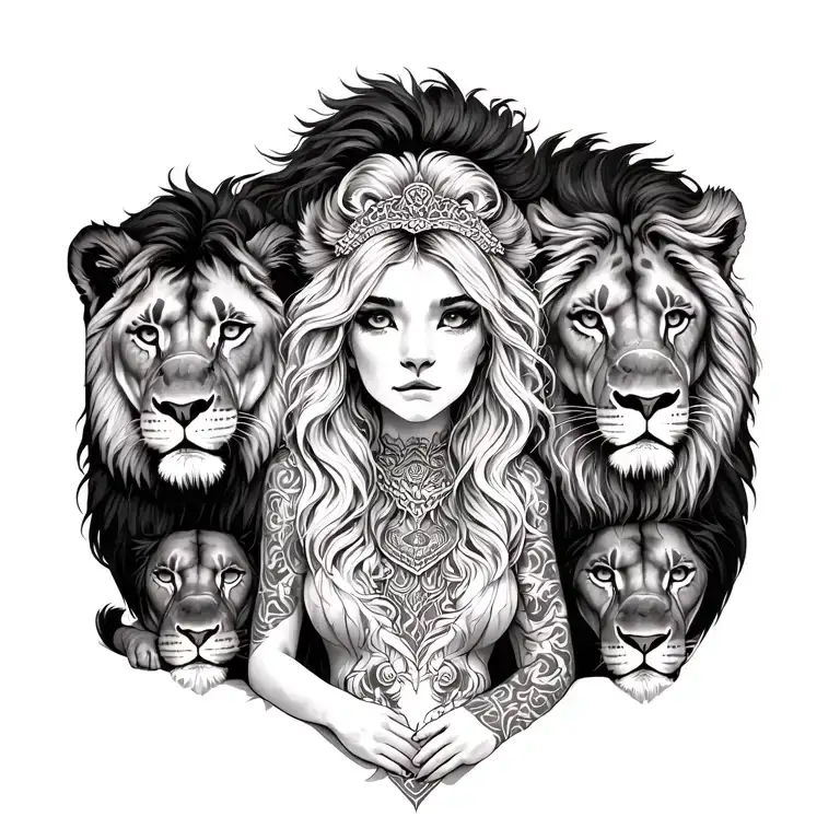 Girl Surrounded By 3 Lions Protecting Her