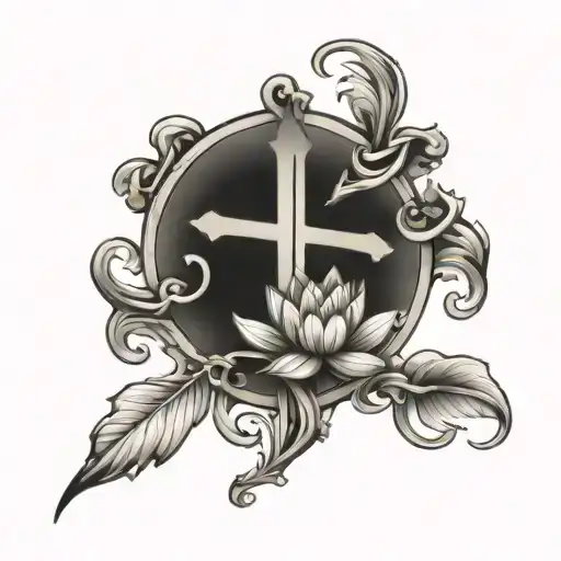 Catholic Cross With Lotus Flower Blooming With Vines