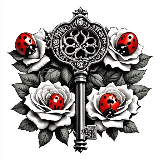 A Old Fashioned Key In The Center Surrounded By Money Roses And 3 Red Ladybugs