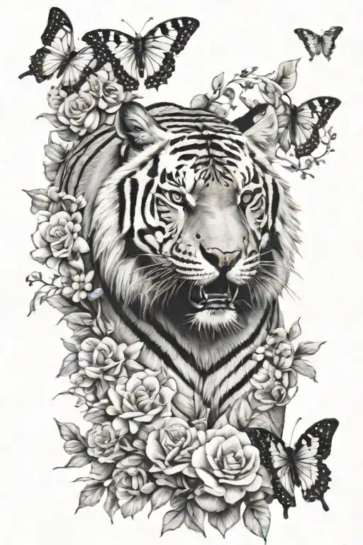 Feminine Black And White Nature Themed Tattoo Sleeve With A Tiger And Butterflies