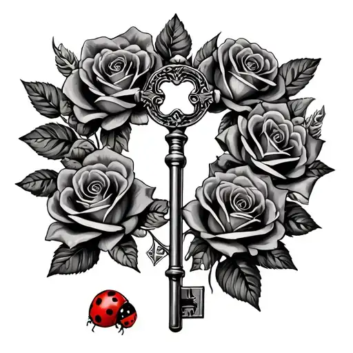 A Old Fashioned Key In The Center Surrounded By Money Roses And 3 Red Ladybugs