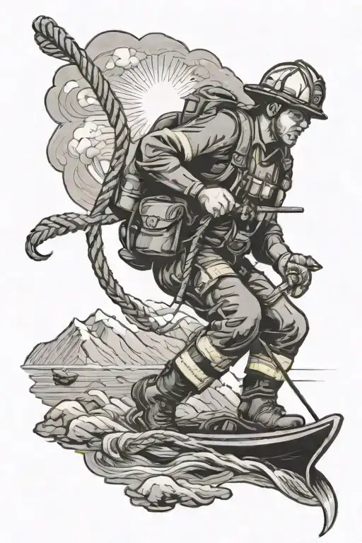 A Firefighter Descending A Mountain With A Rope And Boat In The Background