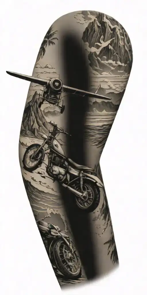 A Beach Scene With A Plane Mountains And A Motorcycle