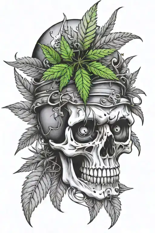 A Skull With Marijuana Leaves Growing Out Of The Eye Sockets