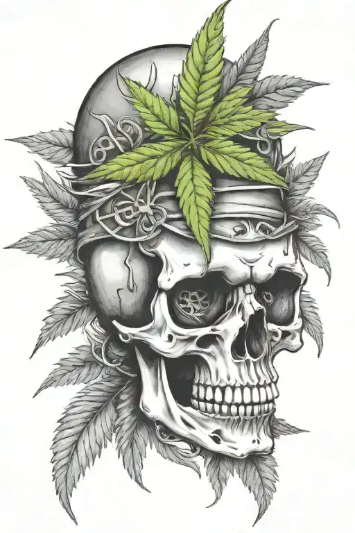A Skull With Marijuana Leaves Growing Out Of The Eye Sockets