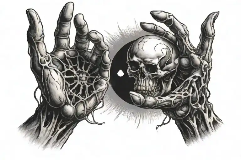 Sun With A Hand And A Moon With A Skeletal Hand Reaching Towards Each Other