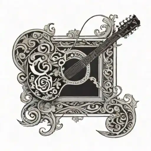 An Intricate Design Combining The Letter A With A Guitar And A Sewing Needle