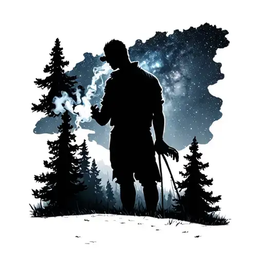 Forest In The Night Time With Galaxy And Silhouette Of A Man Smoking