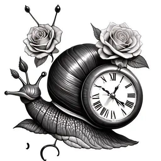 Realistic Snail With Clock And Roses