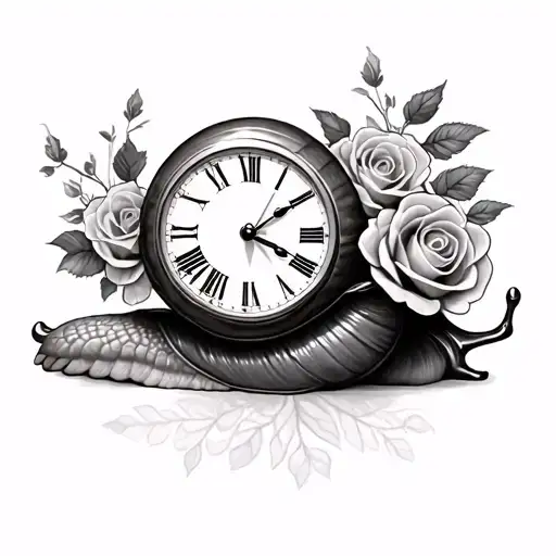 Realistic Snail With Clock And Roses Wrapped