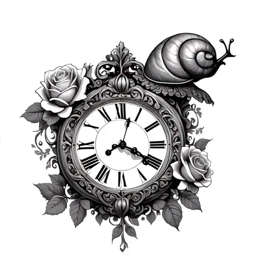 Full Snail Crawling On Roman Clock With Roses