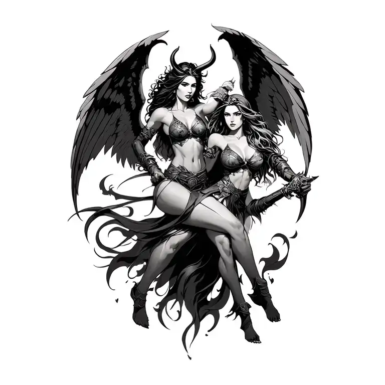 Female Demons And Angels Fighting Warrior