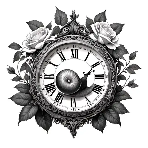 Realistic Full Snail Crawling At Bottom Of Roman Clock With Roses And Leaves