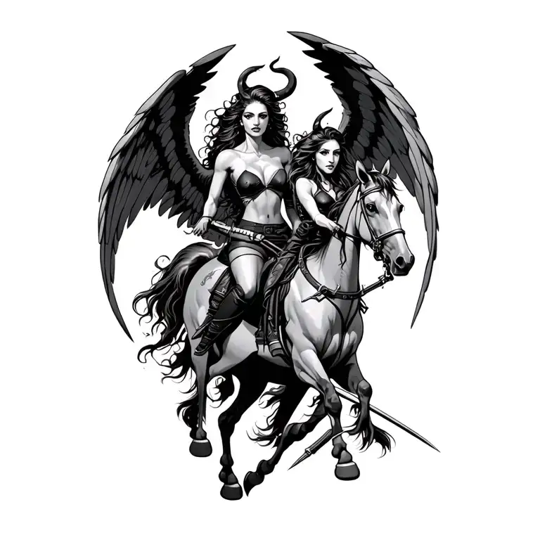 Female Demons And Angels In Combat On Horseback