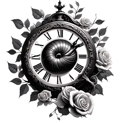 Realistic Snail Crawling At The Bottom Of Roman Clock With Roses And Leaves Surrounded It