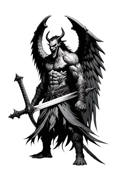 Demon Warrior With One Wing Holding Sword With Two Hands