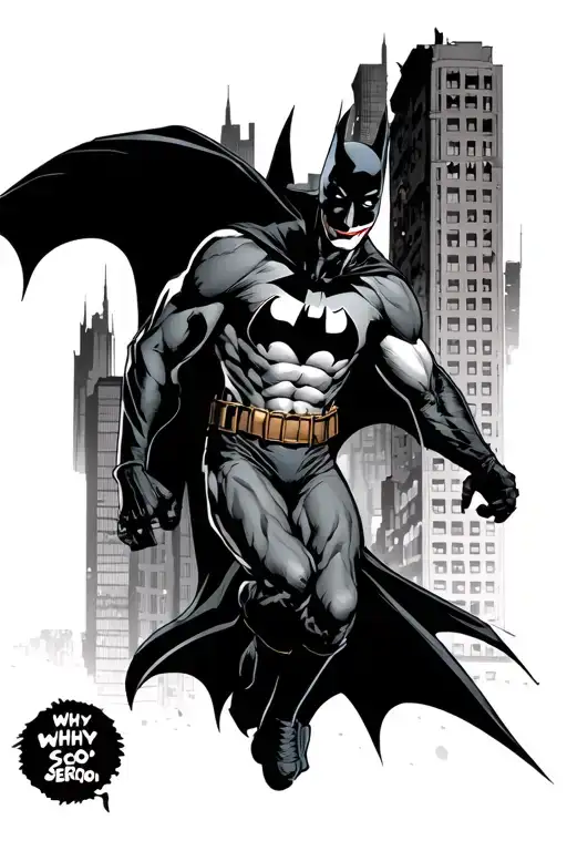Batman Jumping From A Building The City Skyline In The Background And Joker Why So Serious