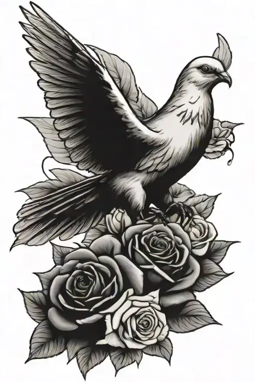 American Flag Waving With Roses Around It And Dove