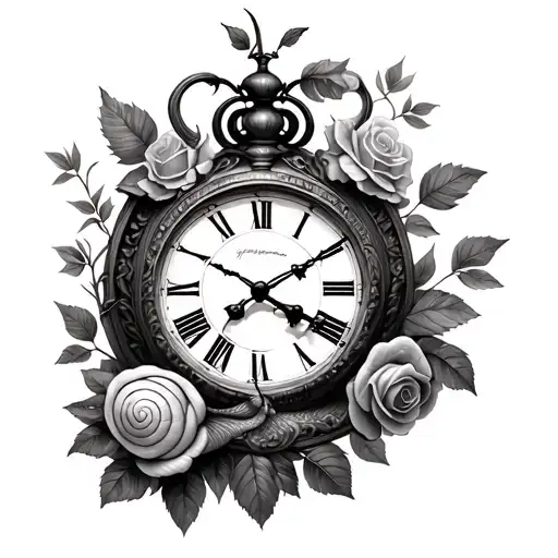 Full Realistic Snail Crawling At The Bottom Of Roman Clock With Roses And Leaves Surrounded It