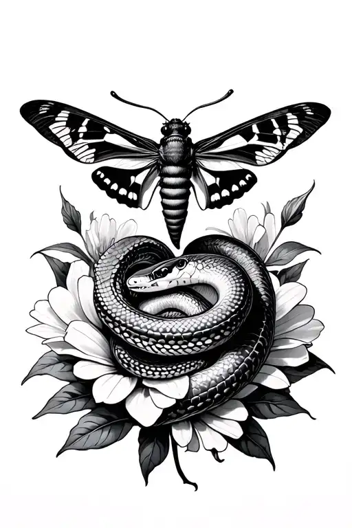 Moth And Snake And Flower Surrounded