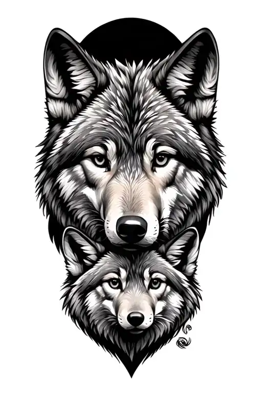 Wolf With Two Cubs Face Only