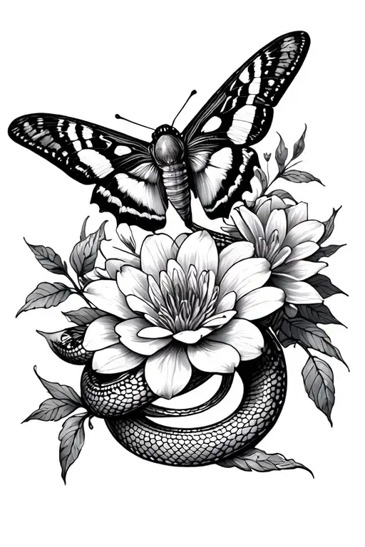 Moth Over Snake And Flower Surrounded
