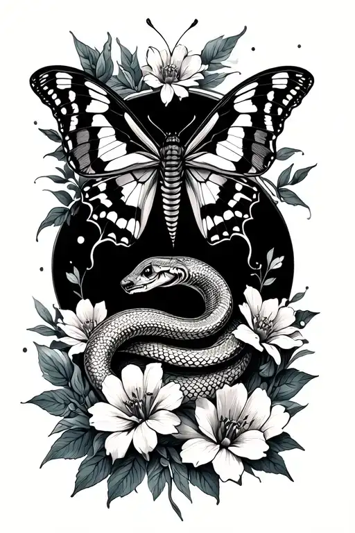 Lunar Moth Over Snake And Flowers Intertwined