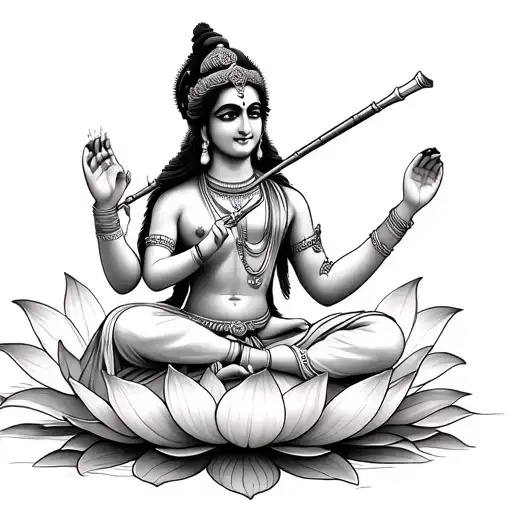 Krishna Playing His Flute Seated On A Lotus Blossom