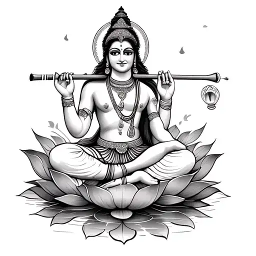 Krishna Playing His Flute Seated On A Lotus Blossom