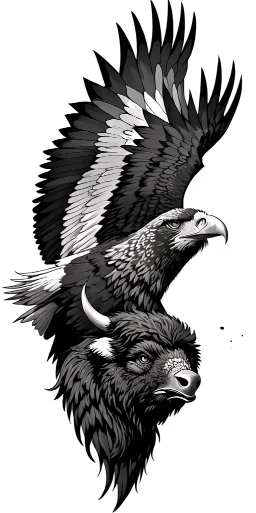Bison Head And Eagle Soaring High