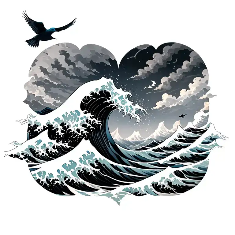 The Great Wave With 3 Birds Flying Above It