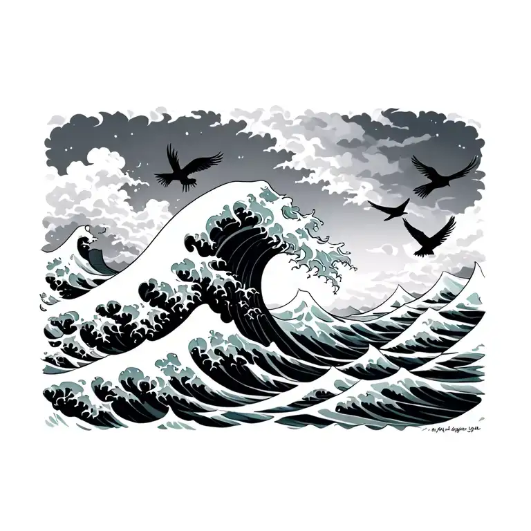 The Great Wave With 3 Birds Flying Above It