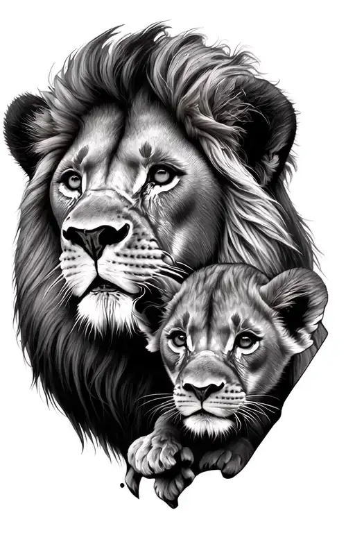 Lion And Two Cubs Face Only