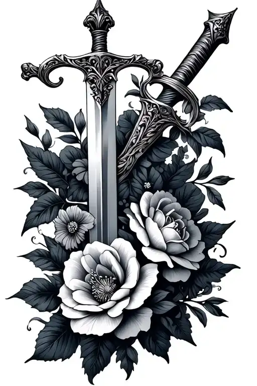 Sword And Flowers Intertwined
