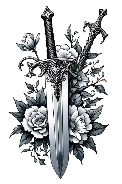 Medieval Sword And Flowers Intertwined