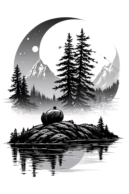 Outdoors Mountains Trees Lakes Fishing Scene Sun Moon