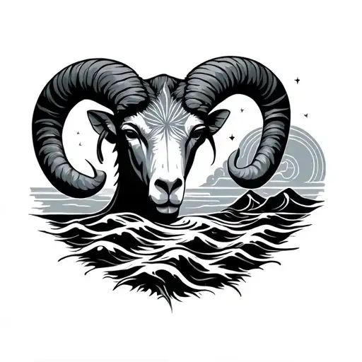 Tattoo With Geomatrical Design Include Aries Zodiac With Sun And Ocean