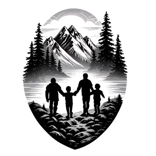 Mountain Landscape Tattoo Featuring Father And Son Holding Hands