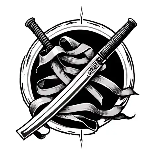 On The Forearm A Katana With A Ribbon Going Up To Above The Elbow