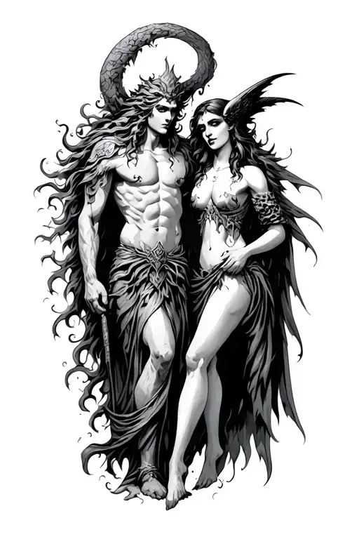 The Dagda Irish God And The Morrigan God Next To Eachother