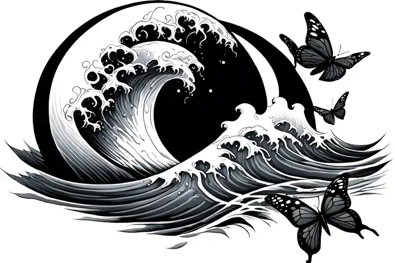 A Wave With A Sun Moon And Two Butterflies Fluttering