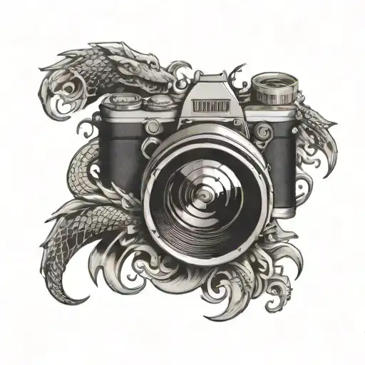 A Stylized Camera Lens With Vietnamese Dragon Motifs And Money Symbols