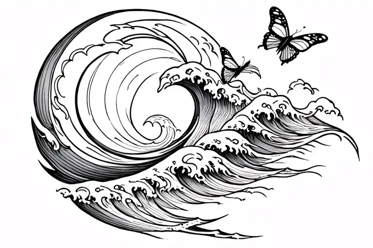A Wave With A Sun Moon And Two Butterflies Fluttering With A Line Art Technique