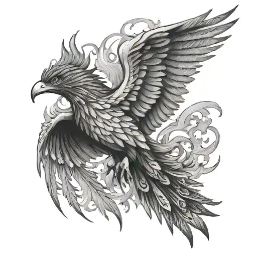 A Detailed Black And Grey Phoenix Flying Across The Skin